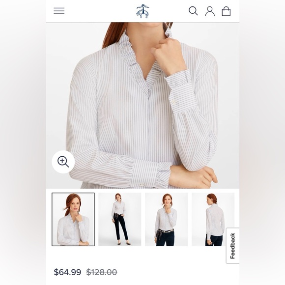 NWT Brooks Brothers White and Light Blue Pinstripe Ruffle-Neck Button Blouse 6 - Picture 3 of 8